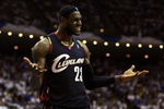 ORLANDO, FL - MAY 30:  LeBron James #23 of the Cleveland Cavaliers reacts after a play against the Orlando Magic in Game Six of the Eastern Conference Finals during the 2009 Playoffs at Amway Arena on May 30, 2009 in Orlando, Florida. NOTE TO USER: User expressly acknowledges and agrees that, by downloading and or using this photograph, User is consenting to the terms and conditions of the Getty Images License Agreement  (Photo by Elsa/Getty Images)