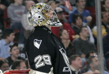 PITTSBURGH - NOVEMBER 29:  Goaltender Marc-Andres Fleury #29 of the Pittsburgh Penguins stands for the national anthem before the game against the Buffalo Sabres at Mellon Arena on November 29, 2005 in Pittsburgh, Pennsylvania. The Buffalos won 3-2. (Photo By Gregory Shamus/Getty Images)  