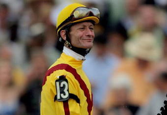 BALTIMORE - MAY 16:  Calvin Borel, riding Rachel Alexandra, before the 134th Preakness Stakes at Pimlico Race Course on May 16, 2009 in Baltimore, Maryland.  (Photo by Matthew Stockman/Getty Images)