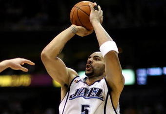 SALT LAKE CITY - APRIL 25:  Carlos Boozer #5 of the Utah Jazz shoots in Game Four of the Western Conference Quarterfinals against the Los Angeles Lakers during the 2009 NBA Playoffs at Energy Solutions Arena on April 25, 2009 in Salt Lake City, Utah.  The Lakers won 108-94.  NOTE TO USER: User expressly acknowledges and agrees that, by downloading and/or using this Photograph, user is consenting to the terms and conditions of the Getty Images License Agreement.  (Photo by Otto Greule Jr/Getty Images)  