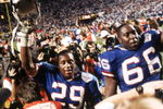 TAMPA, FL - JANUARY 27:  Safety Myron Guyton #29 and offensive tackle William Roberts #66 of the New York Giants walk off the field following the game against the Buffalo Bills during Super Bowl XXV at Tampa Stadium on January 27, 1991 in Tampa, Florida. The Giants defeated the Bills 20-19.  (Photo by George Rose/Getty Images)