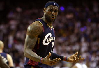 ORLANDO, FL - MAY 30: LeBron James #23 of the Cleveland Cavaliers reacts after a play against the Orlando Magic in Game Six of the Eastern Conference Finals during the 2009 Playoffs at Amway Arena on May 30, 2009 in Orlando, Florida. NOTE TO USER: User expressly acknowledges and agrees that, by downloading and or using this photograph, User is consenting to the terms and conditions of the Getty Images License Agreement  (Photo by Elsa/Getty Images)