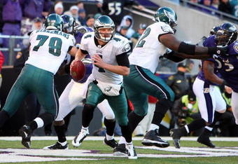 BALTIMORE - NOVEMBER 23:  Kevin Kolb #4 of the Philadelphia Eagles scrambles against the Baltimore Ravens on November 23, 2008 at M&T Bank Stadium in Baltimore, Maryland. The Ravens defeated the Eagles 36-7.  (Photo by Jim McIsaac/Getty Images)