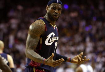 ORLANDO, FL - MAY 30: LeBron James #23 of the Cleveland Cavaliers reacts after a play against the Orlando Magic in Game Six of the Eastern Conference Finals during the 2009 Playoffs at Amway Arena on May 30, 2009 in Orlando, Florida. NOTE TO USER: User expressly acknowledges and agrees that, by downloading and or using this photograph, User is consenting to the terms and conditions of the Getty Images License Agreement  (Photo by Elsa/Getty Images)