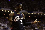 ORLANDO, FL - MAY 30:  LeBron James #23 of the Cleveland Cavaliers reacts after a play against the Orlando Magic in Game Six of the Eastern Conference Finals during the 2009 Playoffs at Amway Arena on May 30, 2009 in Orlando, Florida. NOTE TO USER: User expressly acknowledges and agrees that, by downloading and or using this photograph, User is consenting to the terms and conditions of the Getty Images License Agreement  (Photo by Elsa/Getty Images)