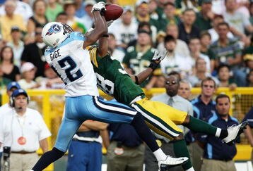 GREEN BAY, WI - AUGUST 28: Tramon Williams #38 of the Green Bay Packers breaks up a pass intended for Justin Gage #12 of the Tenessee Titans on August 28, 2008 at Lambeau Field in Green Bay, Wisconsin. (Photo by Jonathan Daniel/Getty Images)