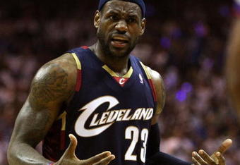 ORLANDO, FL - MAY 30:  LeBron James #23 of the Cleveland Cavaliers reacts after a play against the Orlando Magic in Game Six of the Eastern Conference Finals during the 2009 Playoffs at Amway Arena on May 30, 2009 in Orlando, Florida. NOTE TO USER: User expressly acknowledges and agrees that, by downloading and or using this photograph, User is consenting to the terms and conditions of the Getty Images License Agreement  (Photo by Elsa/Getty Images)