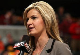 INDIANAPOLIS - MARCH 12:  ESPN's Erin Andrews conducts an on camera report during a stop in play between the Michigan Wolveriens and the Iowa Hawkeyes during the first round of the Big Ten Men's Basketball Tournament at Conseco Fieldhouse on March 12, 2009 in Indianapolis, Indiana.  (Photo by Jonathan Daniel/Getty Images)