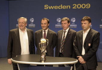 GOTHENBURG - SWEDEN - DECEMBER 3:  Group Two head coaches (L-R) Tommy Soderberg of Sweden, Pierluigi Casiraghi of Italy, Mkhail Vergeenko of Belarus and Slobodan Krcmarevic of Serbia attend the UEFA 2009 European U21 Championship Draw at the Svenska Massan Exhibition Centre on December 3, 2008 in Gothenburg, Sweden. (Photo by Johan Framst/Getty Images)