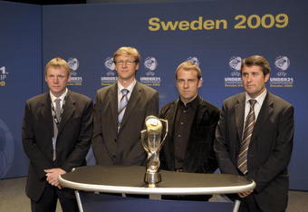 GOTHENBURG - SWEDEN - DECEMBER 3: Group One team coaches (L-R) Stuart Pearce of England, Markku Kanerva of Finland, Hans Flick of Germany and Juan Ram??n of Spain attend the UEFA 2009 European U21 Championship Draw at the Svenska Massan Exhibition Centre on December 3, 2008 in Gothenburg, Sweden. (Photo by Johan Framst/Getty Images)