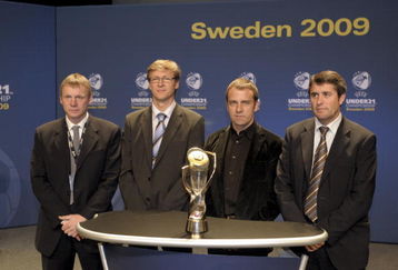 GOTHENBURG - SWEDEN - DECEMBER 3: Group One team coaches (L-R) Stuart Pearce of England, Markku Kanerva of Finland, Hans Flick of Germany and Juan Ram??n of Spain attend the UEFA 2009 European U21 Championship Draw at the Svenska Massan Exhibition Centre on December 3, 2008 in Gothenburg, Sweden. (Photo by Johan Framst/Getty Images)