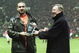10 Apr 2001:  Former legend and crowd favourite Eric Cantona receives his award of best ever Manchester United player from Manchester United manager Alex Ferguson before the FA Carling Premiership match against Charlton Athletic played at Old Trafford, in Manchester, England. Manchester United won the match 2-1. \ Mandatory Credit: Laurence Griffiths /Allsport