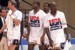 BARCELONA, ESP - JULY 26: (L-R) Larry Bird, Earvin (Magic) Johnson, Michael Jordan and Karl Malone of the USA Olympic Basketball Team (The Dream Team) walk on the court during a game against The Republic of Angola Olympic Team on July 26,1992 in Barcelona, Spain. The USA won 116-48. (Photo by Mike Powell/Getty Images)