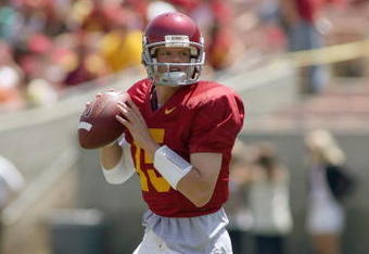 LOS ANGELES, CA - APRIL 25: Quarterback Aaron Corp #15 of the USC Trojans looks on during the spring game on April 25, 2009 at the Los Angeles Memorial Coliseum in Los Angeles, California.  The cardinal team won 16-10.  (Photo by Jeff Golden/Getty Images)