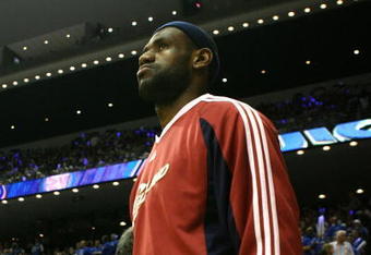 ORLANDO, FL - MAY 30: LeBron James #23 of the Cleveland Cavaliers looks on during introductions against the Orlando Magic in Game Six of the Eastern Conference Finals during the 2009 Playoffs at Amway Arena on May 30, 2009 in Orlando, Florida. NOTE TO USER: User expressly acknowledges and agrees that, by downloading and or using this photograph, User is consenting to the terms and conditions of the Getty Images License Agreement  (Photo by Elsa/Getty Images)