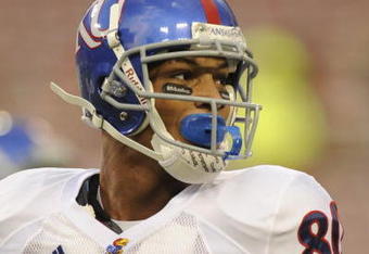 TAMPA, FL - SEPTEMBER 12: Wide receiver Dezmon Briscoe #80 of the Kansas University Jayhawks watches play against the University of South Florida Bulls at Raymond James Stadium on September 12, 2008 in Tampa, Florida.  (Photo by Al Messerschmidt/Getty Images) 