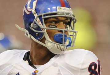 TAMPA, FL - SEPTEMBER 12: Wide receiver Dezmon Briscoe #80 of the Kansas University Jayhawks watches play against the University of South Florida Bulls at Raymond James Stadium on September 12, 2008 in Tampa, Florida.  (Photo by Al Messerschmidt/Getty Images) 