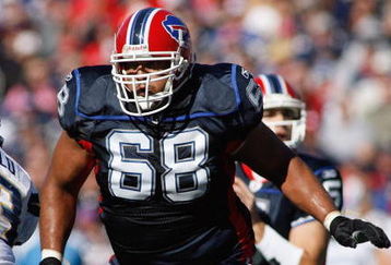 ORCHARD PARK - OCTOBER 19:  Langston Walker #68 of the Buffalo Bills blocks the line during the game against the San Diego Chargers on October 19, 2008 at Ralph Wilson Stadium in Orchard Park, New York. The Bills defeated Chargers 23-14.  (Photo by: Rick Stewart/Getty Images)