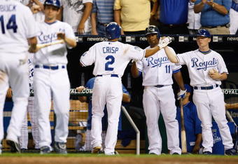 KANSAS CITY - MAY 14: Coco Crisp #2 Kansas City Royals celebrates with teammates during the game between the Baltimore Orioles on May 14, 2009 at Kauffman Stadium in Kansas City, Missouri. (Photo by: Jamie Squire/Getty Images)