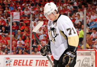 DETROIT - MAY 31:  Evgeni Malkin #71 of the Pittsburgh Penguins reacts after a score by the Detroit Red Wings during Game Two of the 2009 Stanley Cup Finals at Joe Louis Arena on May 31, 2009 in Detroit, Michigan.  (Photo by Harry How/Getty Images)