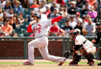 SAN FRANCISCO - MAY 31:  Albert Pujols #5 of the St. Louis Cardinals hits a broken bat single in the ninth inning of their game against the San Francisco Giants at AT&T Park on May 31, 2009 in San Francisco, California.  (Photo by Ezra Shaw/Getty Images)