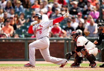 SAN FRANCISCO - MAY 31:  Albert Pujols #5 of the St. Louis Cardinals hits a broken bat single in the ninth inning of their game against the San Francisco Giants at AT&T Park on May 31, 2009 in San Francisco, California.  (Photo by Ezra Shaw/Getty Images)