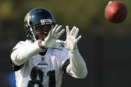 JACKSONVILLE, FL - MAY 1:  Wide receiver Torry Holt #81 of the Jacksonville Jaguars reaches for a pass during a team mini-camp on May 1, 2009 on the practice fields at Jacksonville Municipal Stadium in Jacksonville, Florida.  (Photo by Al Messerschmidt/Getty Images)