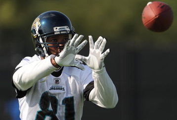 JACKSONVILLE, FL - MAY 1:  Wide receiver Torry Holt #81 of the Jacksonville Jaguars reaches for a pass during a team mini-camp on May 1, 2009 on the practice fields at Jacksonville Municipal Stadium in Jacksonville, Florida.  (Photo by Al Messerschmidt/Getty Images)