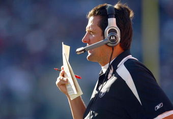BALTIMORE - OCTOBER 26:  Offensive Coordinator Greg Knapp of the Oakland Raiders watches the action during the game against the Baltimore Raven at M&T Bank Stadium on October 26, 2008 in Baltimore, Maryland. (Photo by: Chris McGrath/Getty Images)