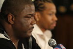 AUBURN HILLS, MI - NOVEMBER 04:  President of Basketball Operations Joe Dumars of the Detroit Pistons introduces Allen Iverson #1 at press conference after being traded from the Denver Nuggets on November 4, 2008 at the Palace of Auburn Hills in Auburn Hills, Michigan. NOTE TO USER: User expressly acknowledges and agrees that, by downloading and or using this photograph, User is consenting to the terms and conditions of the Getty Images License Agreement.  (Photo by Gregory Shamus/Getty Images)
