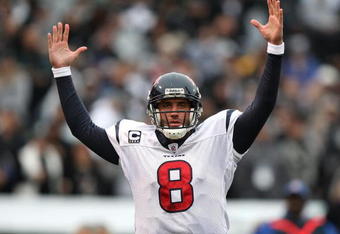 OAKLAND, CA - DECEMBER 21:  Matt Schaub #8 of the Houston Texans celebrates after Vonta Leach scored a touchdown against the Oakland Raiders during an NFL game on December 21, 2008 at the Oakland-Alameda County Coliseum in Oakland, California.  (Photo by Jed Jacobsohn/Getty Images)