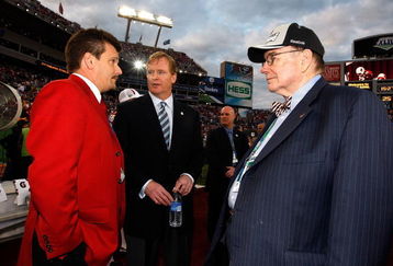 TAMPA, FL - FEBRUARY 01:  (M) NFL Commissioner Roger Goodell, (L) Cardinals president Michael Bidwill and Cardinals team owner William V. Bidwill talk on the field prior to Super Bowl XLIII between the Arizona Cardinals and the Pittsburgh Steelers on February 1, 2009 at Raymond James Stadium in Tampa, Florida.   (Photo by Jamie Squire/Getty Images)