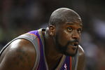 OAKLAND, CA - MARCH 15:  Shaquille O'Neal #32 of the Phoenix Suns looks on against the Golden State Warriors during an NBA game on March 15, 2009 at Oracle Arena in Oakland, California. NOTE TO USER: User expressly acknowledges and agrees that, by downloading and or using this photograph, User is consenting to the terms and conditions of the Getty Images License Agreement.  (Photo by Jed Jacobsohn/Getty Images)