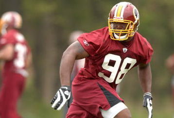 ASHBURN, VA - MAY 1:  Brian Orakpo #98, the Washington Redskins first round draft pick, runs through drills during minicamp on May 1, 2009 at Redskins Park in Ashurn, Virginia.   (Photo by Mitchell Layton/Getty Images)