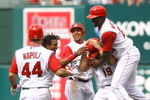 ANAHEIM, CA - MAY 31:  (L-R) Mike Napoli #44, Erick Aybar #2, Juan Rivera #20, Kendry Morales #19 and Gary Matthews Jr.#24 # of the Los Angeles Angels of Anaheim celebrate Morales' game winning RBI single in the ninth inning against the Seattle Mariners at Angel Stadium on May 31, 2009 in Anaheim, California. The Angels defeated the mariners 9-8.  (Photo by Jeff Gross/Getty Images)