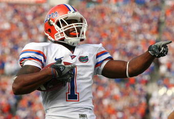 JACKSONVILLE, FL - NOVEMBER 01:  Wide receiver Percy Harvin #1 of the Florida Gators celebrates after his touchdown run in the first quarter while taking on the Georgia Bulldogs at Jacksonville Municipal Stadium on November 1, 2008 in Jacksonville, Florida.  (Photo by Doug Benc/Getty Images)