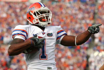 JACKSONVILLE, FL - NOVEMBER 01:  Wide receiver Percy Harvin #1 of the Florida Gators celebrates after his touchdown run in the first quarter while taking on the Georgia Bulldogs at Jacksonville Municipal Stadium on November 1, 2008 in Jacksonville, Florida.  (Photo by Doug Benc/Getty Images)