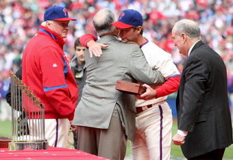 PHILADELPHIA - APRIL 08:  Jamie Moyer #50 of the Philadelphia Phillies accepts his World Series ring during a ceremony prior to the game against the Atlanta Braves at Citizens Bank Park on April 8, 2009 in Philadelphia, Pennsylvania.  (Photo by Nick Laham/Getty Images)