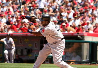 ANAHEIM, CA - MAY 14:  David Ortiz #34 of the Boston Red Sox strikes out swinging with the bases loaded to end the fourth inning against the Los Angeles Angels of Anaheim on May 14, 2009 at Angel Stadium in Anaheim, California.  The Angels won 5-4 in 12 innings.   (Photo by Stephen Dunn/Getty Images)