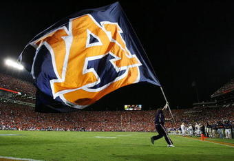 AUBURN, AL - SEPTEMBER 20:  A member of the Auburn Tigers celebrates after the offense scored against the LSU Tigers at Jordan-Hare Stadium on September 20, 2008 in Auburn, Alabama. LSU defeated Auburn 26-21.  (Photo by Doug Benc/Getty Images)