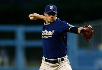 LOS ANGELES, CA - MAY 01:  Jake Peavy #44 of the San Diego Padres throws a pitch in the first inning against the Los Angeles Dodgers at Dodger Stadium on May 1, 2009 in Los Angeles, California.  (Photo by Jeff Gross/Getty Images)