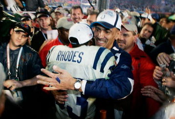 MIAMI GARDENS, FL - FEBRUARY 04:  Running back Dominic Rhodes #33 of the Indianapolis Colts celebrates with head coach Tony Dungy after their 29-17 win against the Chicago Bears in Super Bowl XLI on February 4, 2007 at Dolphin Stadium in Miami Gardens, Florida.  (Photo by Donald Miralle/Getty Images)