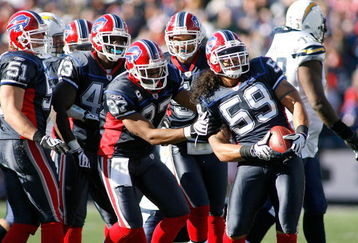 ORCHARD PARK, NY - OCTOBER 19: Kawika Mitchell #59, Keith Ellison #56, George Wilson #37, Bryan Scott #43 and Paul Posluszny #51 of the Buffalo Bills celebrate Mitchell's end zone interception of a pass by Philip Rivers #17 of the San Diego Chargers on October 19, 2008 at Ralph Wilson Stadium in Orchard Park, New York. Buffalo won 23-14.  (Photo by Rick Stewart/Getty Images)