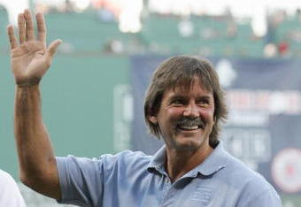 BOSTON - MAY 29: Former Red Sox pitcher Baseball Hall of Fame inductee Dennis Eckersley waves to the crowd before the game against the Cleveland Indians at Fenway Park May 29, 2007 in Boston, Massachusetts. (Photo by Elsa/Getty Images)