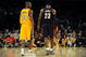 LOS ANGELES, CA - JANUARY 19:  Kobe Bryant #24 of the Los Angeles Lakers walks next to LeBron James #23 of the Cleveland Cavaliers during a break from the game at Staples Center on January 19, 2009 in Los Angeles, California.  (Photo by Harry How/Getty Images)