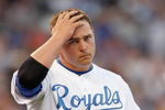 KANSAS CITY - MAY 14:  Billy Butler #16 of the Kansas City Royals reacts after striking out during the game between the Baltimore Orioles on May 14, 2009 at Kauffman Stadium in Kansas City, Missouri. (Photo by: Jamie Squire/Getty Images)