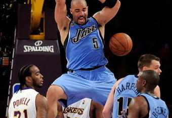 LOS ANGELES, CA - APRIL 19:  Carlos Boozer #5 of the Utah Jazz dunks the ball in the third quarter against the Los Angeles Lakers in Game One of the Western Conference Quarterfinals during the 2009 NBA Playoffs at Staples Center on April 19, 2009 in Los Angeles, California. NOTE TO USER: User expressly acknowledges and agrees that, by downloading and or using this photograph, User is consenting to the terms and conditions of the Getty Images License Agreement.  (Photo by Kevork Djansezian/Getty Images)
