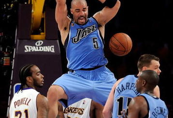 LOS ANGELES, CA - APRIL 19:  Carlos Boozer #5 of the Utah Jazz dunks the ball in the third quarter against the Los Angeles Lakers in Game One of the Western Conference Quarterfinals during the 2009 NBA Playoffs at Staples Center on April 19, 2009 in Los Angeles, California. NOTE TO USER: User expressly acknowledges and agrees that, by downloading and or using this photograph, User is consenting to the terms and conditions of the Getty Images License Agreement.  (Photo by Kevork Djansezian/Getty Images)