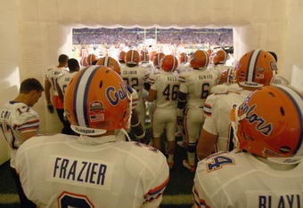 MIAMI - JANUARY 08:  Brandon Frazier #3 and Andrew Blaylock #14of the Florida Gators get ready to enter the field before the FedEx BCS National Championship Game against the Oklahoma Sooners at Dolphin Stadium on January 8, 2009 in Miami, Florida.  (Photo by Donald Miralle/Getty Images)