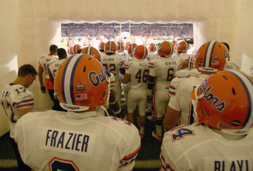 MIAMI - JANUARY 08:  Brandon Frazier #3 and Andrew Blaylock #14of the Florida Gators get ready to enter the field before the FedEx BCS National Championship Game against the Oklahoma Sooners at Dolphin Stadium on January 8, 2009 in Miami, Florida.  (Photo by Donald Miralle/Getty Images)